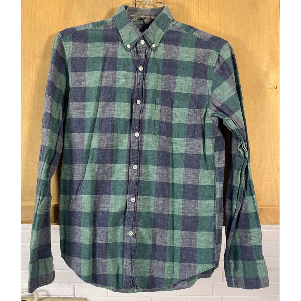 J.Crew Button Down Shirt Mens Medium Green Navy Blue Slim Plaid Homespun Cotton
